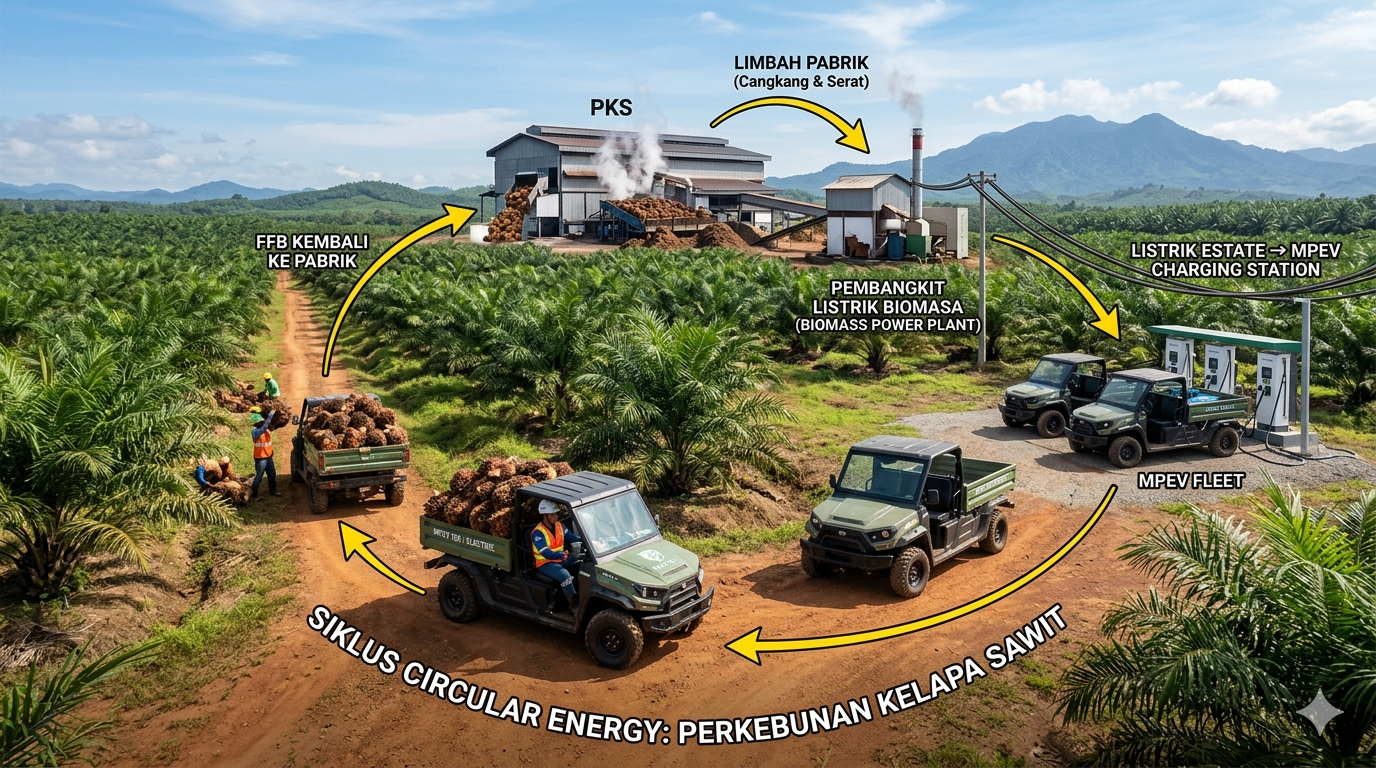 Diagram siklus circular energy untuk armada MPEV dan biomassa estate